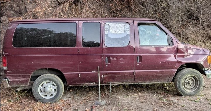 Maroon Ford van in Hoopa