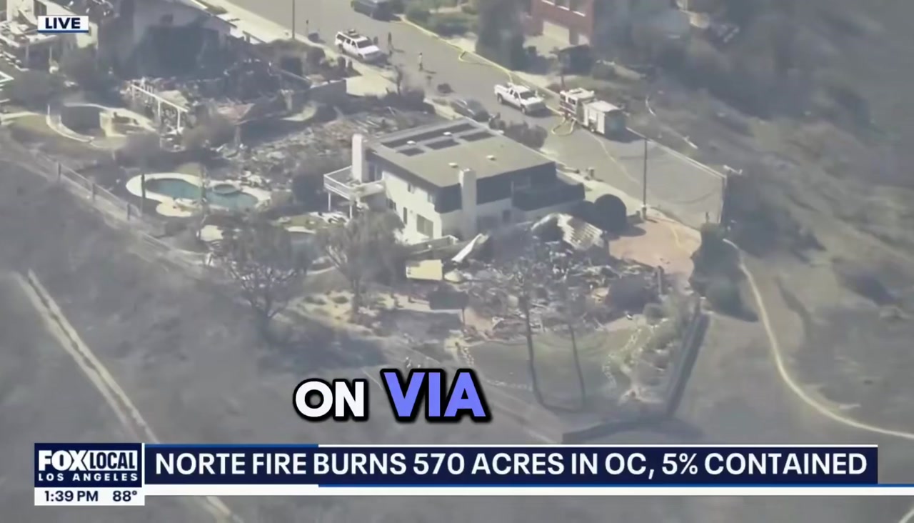 FOX LA aerial view of burned homes on Via La Mirada, Norte Fire