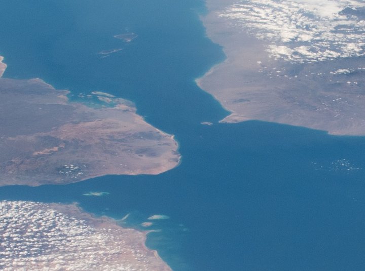 Bab al-Mandab strait between Yemen and Djibouti from orbit (file image)