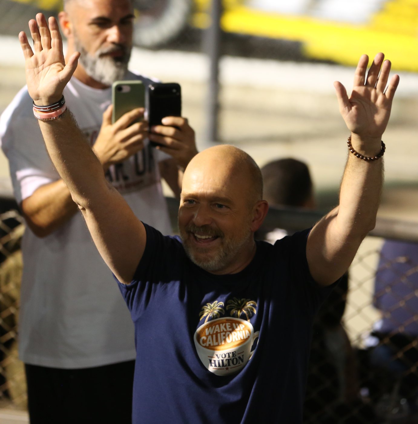 Steve Hilton waves to the crowd at the Madera 150
