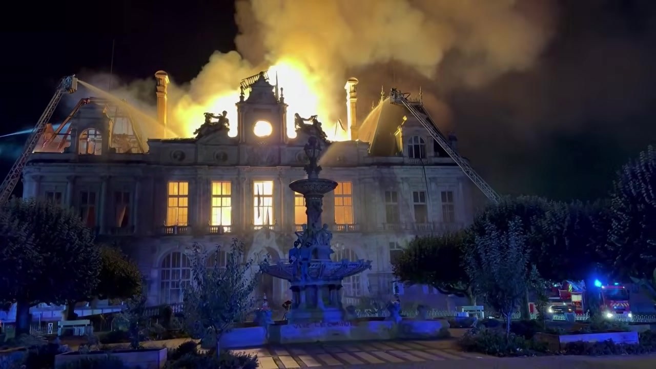 Limoges town hall on fire