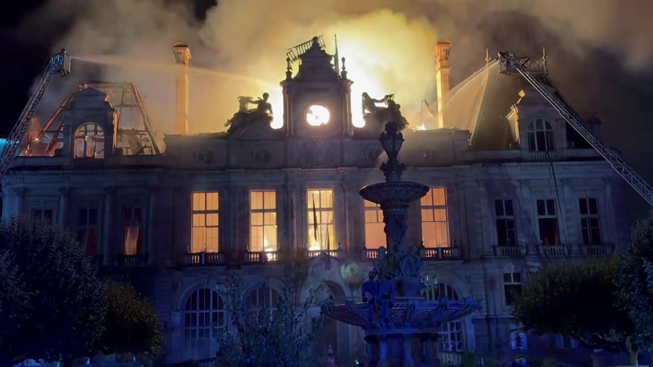 Limoges town hall on fire